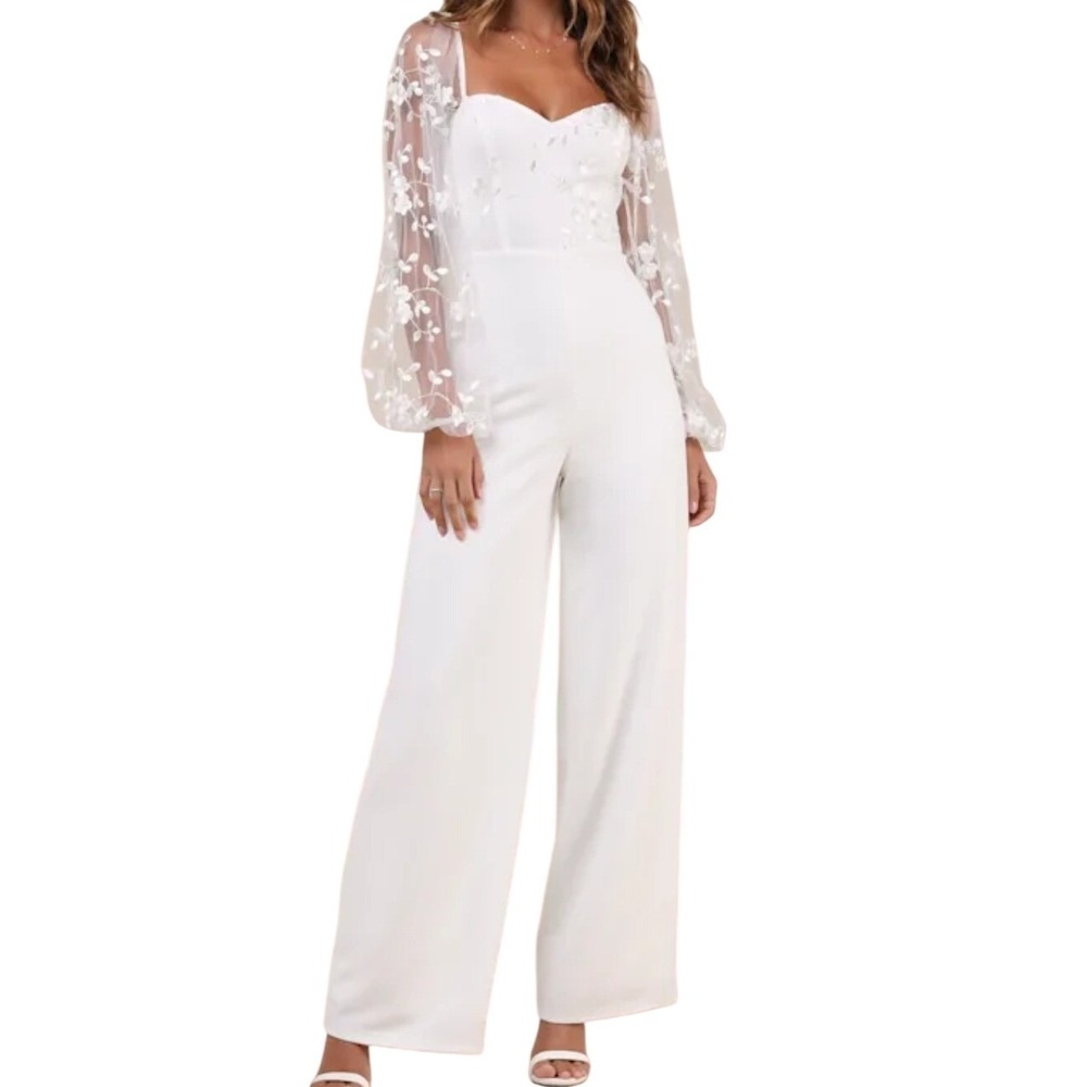 NEW Lulus Darling Charisma White Mesh Embroidered Wide Leg Jumpsuit L Bridal
